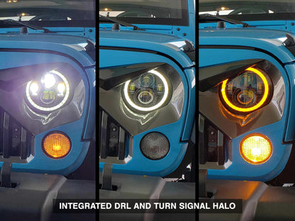 Raxiom 97-18 Jeep Wrangler TJ/JK Axial Halo Headlights w/ DRL Amber Signals- Black Hsng (Clear Lens)