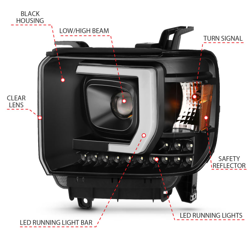 ANZO 2014-2015 GMC Sierra 1500HD Projector Plank Style Headlight Black W/ DRL