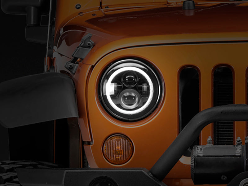Raxiom 97-18 Jeep Wrangler TJ/JK Axial Halo Headlights w/ DRL Amber Signals- Black Hsng (Clear Lens)